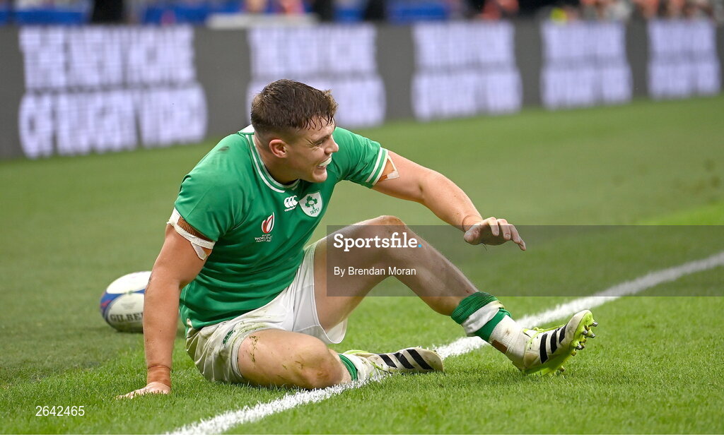 7 October 2023; Garry Ringrose of Ireland celebrates after scoring his side's sixth try during the 2023 Rugby World Cup Pool B match between Ireland and Scotland at the Stade de France in Paris, France. Photo by Brendan Moran/Sportsfile