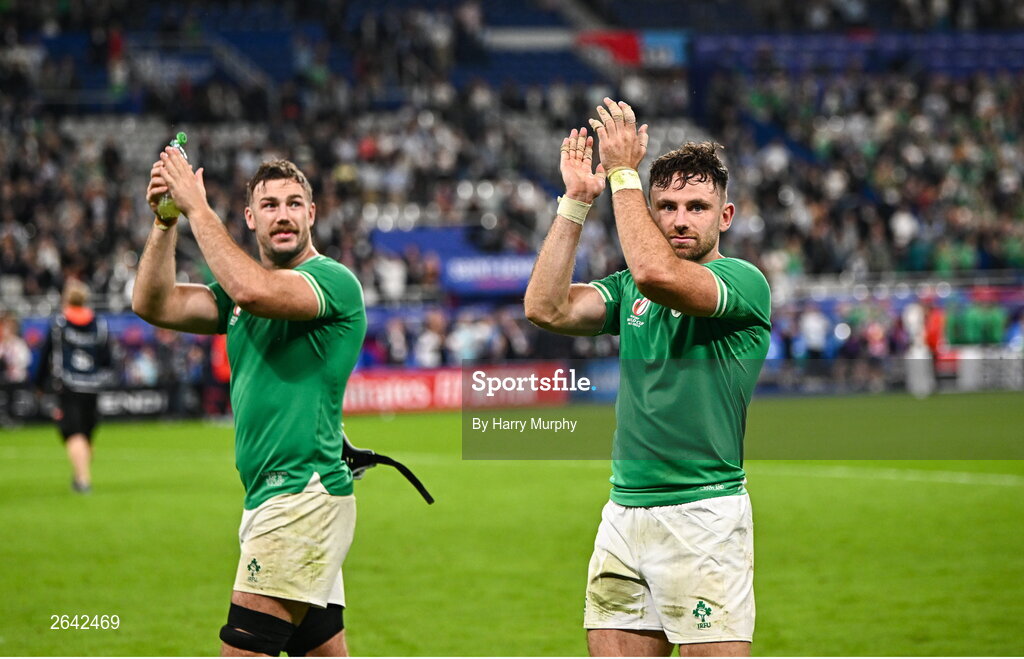7 October 2023; Hugo Keenan, right, and Caelan Doris of Ireland the 2023 Rugby World Cup Pool B match between Ireland and Scotland at the Stade de France in Paris, France. Photo by Harry Murphy/Sportsfile