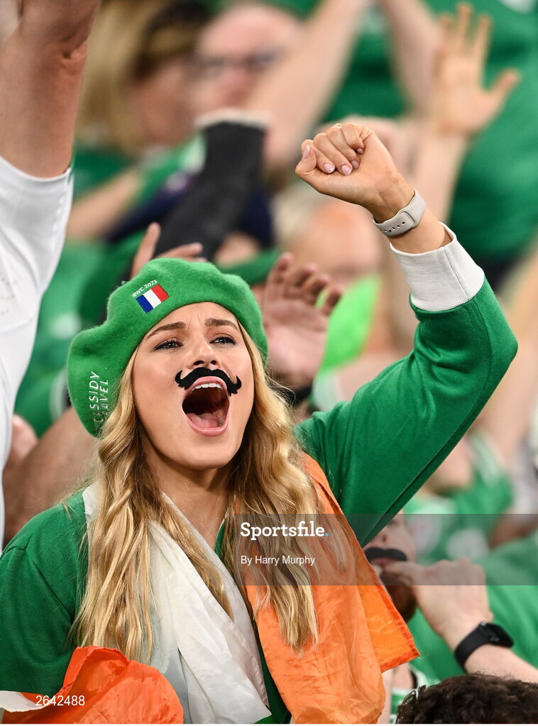 7 October 2023; An Ireland supporter before the 2023 Rugby World Cup Pool B match between Ireland and Scotland at the Stade de France in Paris, France. Photo by Harry Murphy/Sportsfile