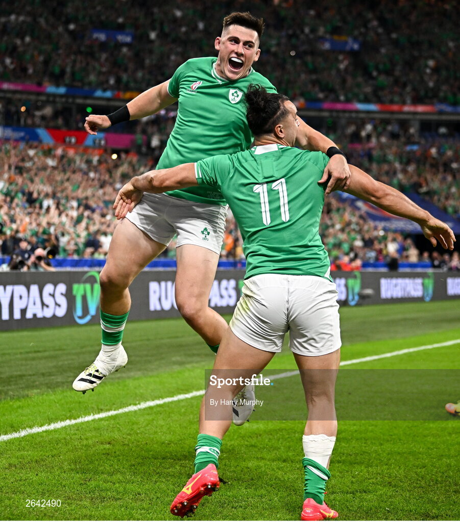 7 October 2023; James Lowe of Ireland, 11, celebrates with teammate Dan Sheehan after scoring their side's first try during the 2023 Rugby World Cup Pool B match between Ireland and Scotland at the Stade de France in Paris, France. Photo by Harry Murphy/Sportsfile