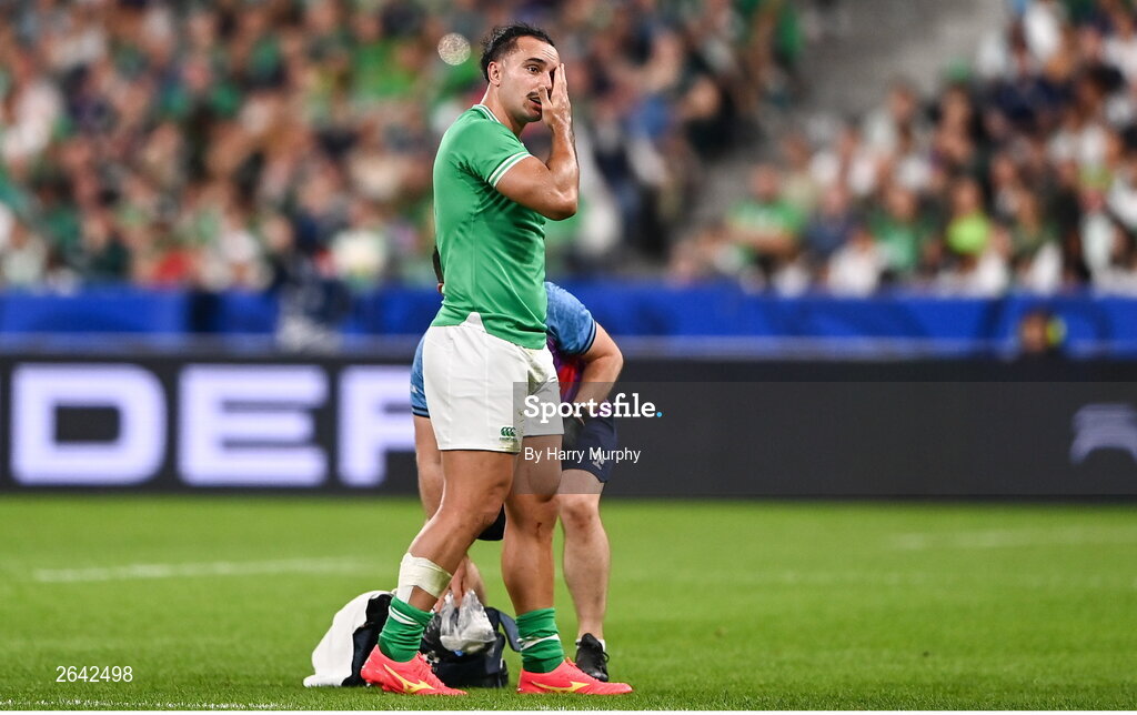 7 October 2023; James Lowe of Ireland holds his eye during the 2023 Rugby World Cup Pool B match between Ireland and Scotland at the Stade de France in Paris, France. Photo by Harry Murphy/Sportsfile