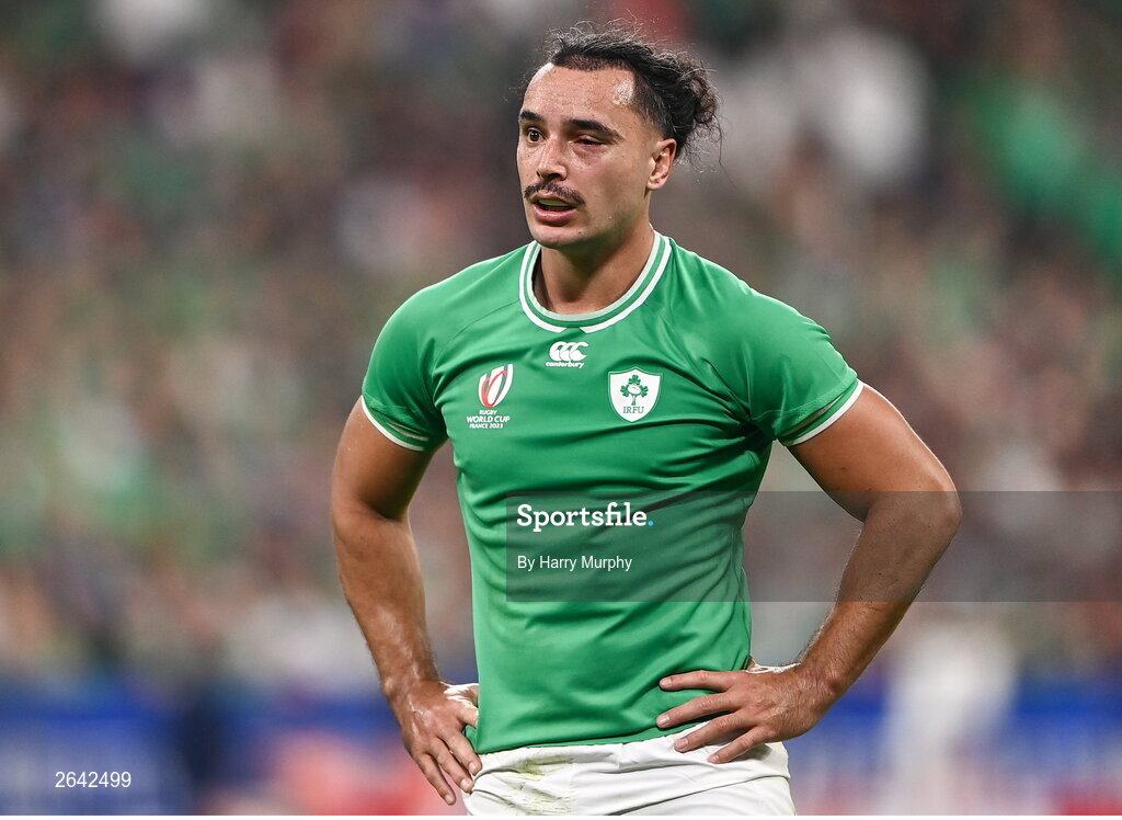 7 October 2023; James Lowe of Ireland with a closed eye during the 2023 Rugby World Cup Pool B match between Ireland and Scotland at the Stade de France in Paris, France. Photo by Harry Murphy/Sportsfile