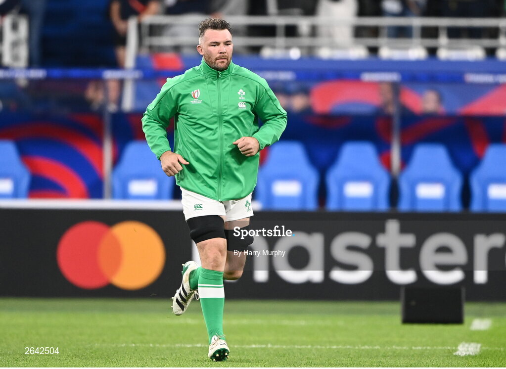 7 October 2023; Peter O’Mahony of Ireland runs out onto the pitch to earn his 100th international cap before the 2023 Rugby World Cup Pool B match between Ireland and Scotland at the Stade de France in Paris, France. Photo by Harry Murphy/Sportsfile