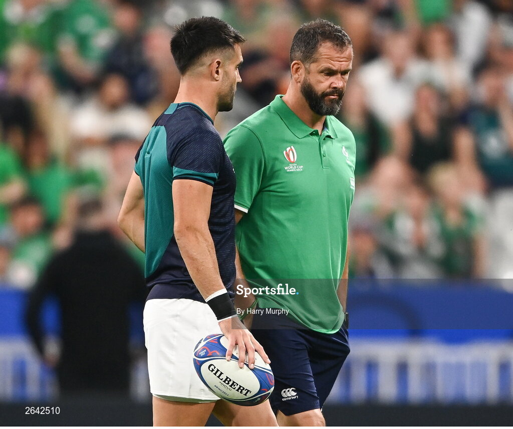 7 October 2023; Ireland head coach Andy Farrell and Conor Murray of Ireland the 2023 Rugby World Cup Pool B match between Ireland and Scotland at the Stade de France in Paris, France. Photo by Harry Murphy/Sportsfile