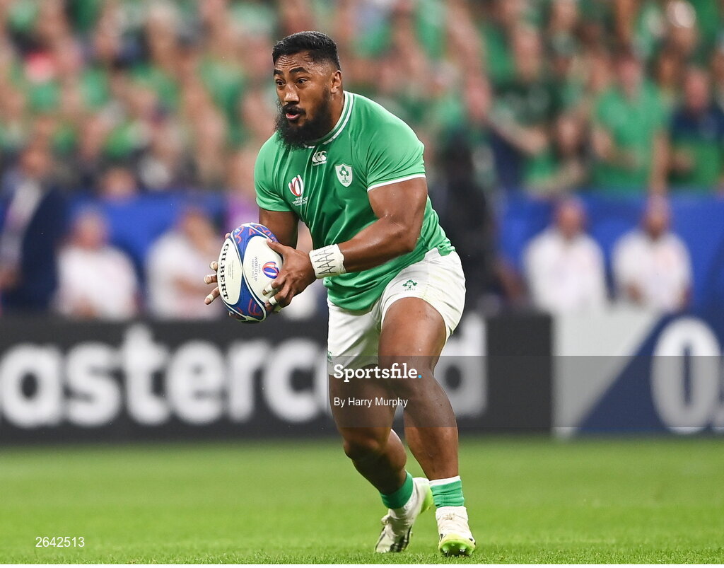 7 October 2023; Bundee Aki of Ireland during the 2023 Rugby World Cup Pool B match between Ireland and Scotland at the Stade de France in Paris, France. Photo by Harry Murphy/Sportsfile
