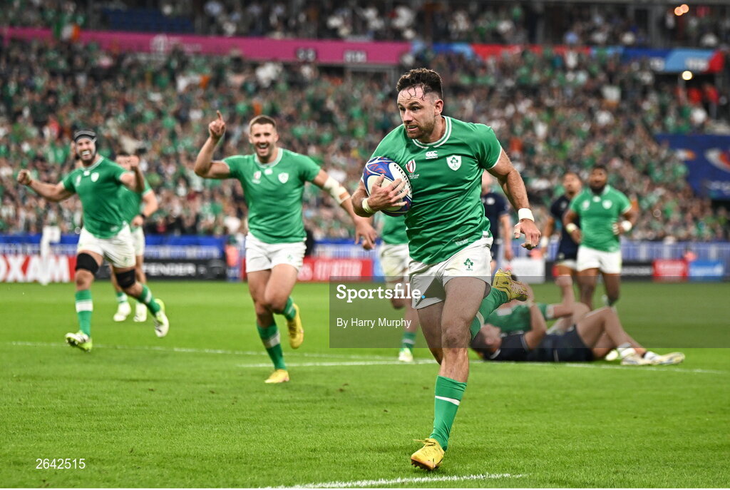 7 October 2023; Hugo Keenan of Ireland on his way to scoring his side's second try during the 2023 Rugby World Cup Pool B match between Ireland and Scotland at the Stade de France in Paris, France. Photo by Harry Murphy/Sportsfile