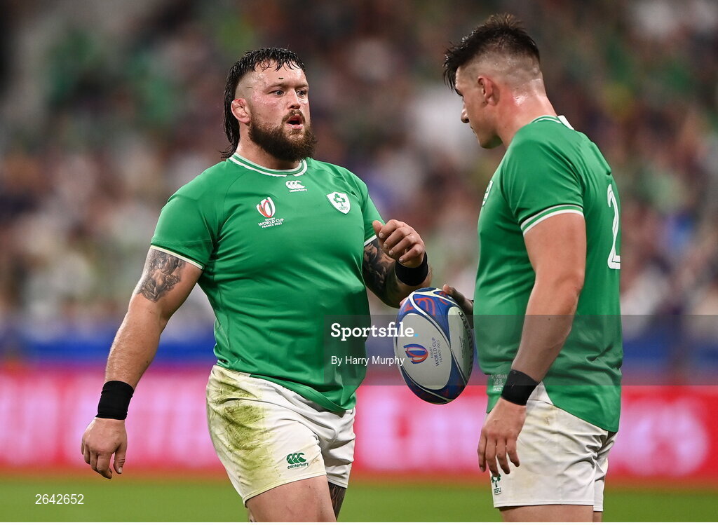7 October 2023; Andrew Porter and Dan Sheehan of Ireland during the 2023 Rugby World Cup Pool B match between Ireland and Scotland at the Stade de France in Paris, France. Photo by Harry Murphy/Sportsfile