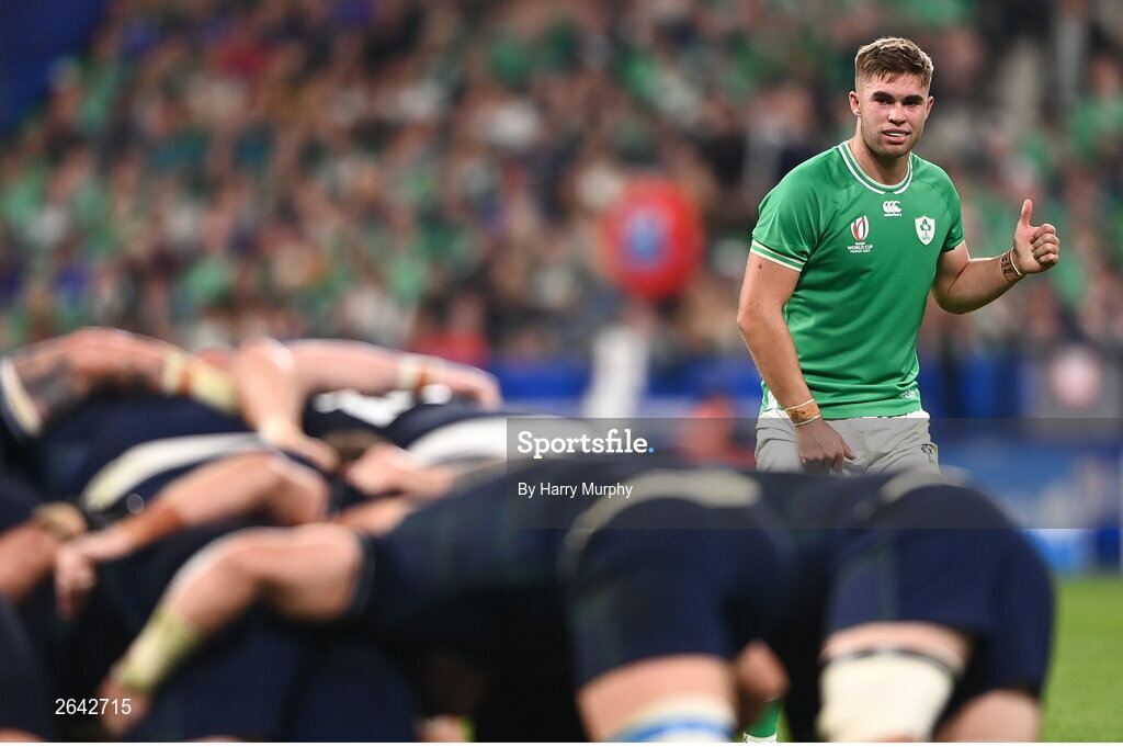 7 October 2023; Jack Crowley of Ireland during the 2023 Rugby World Cup Pool B match between Ireland and Scotland at the Stade de France in Paris, France. Photo by Harry Murphy/Sportsfile