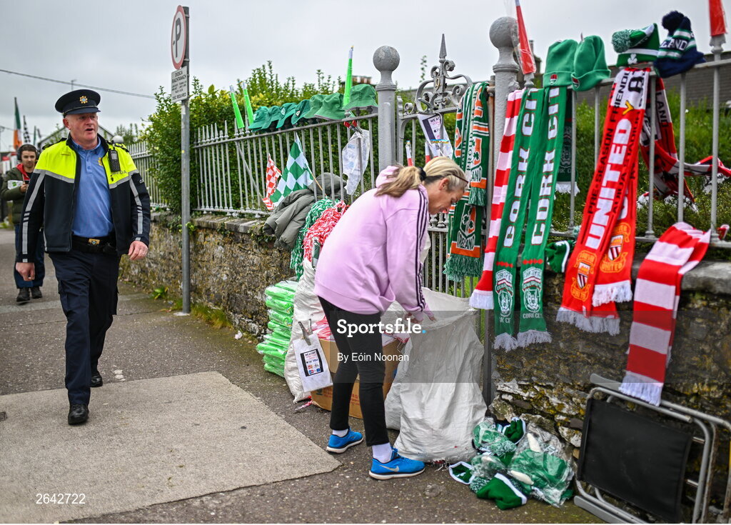 8 October 2023; A memeber of An Garda Síochána makes his way into the ground before the Sports Direct Men’s FAI Cup semi-final match between Cork City and St Patrick's Athletic at Turner’s Cross in Cork. Photo by Eóin Noonan/Sportsfile