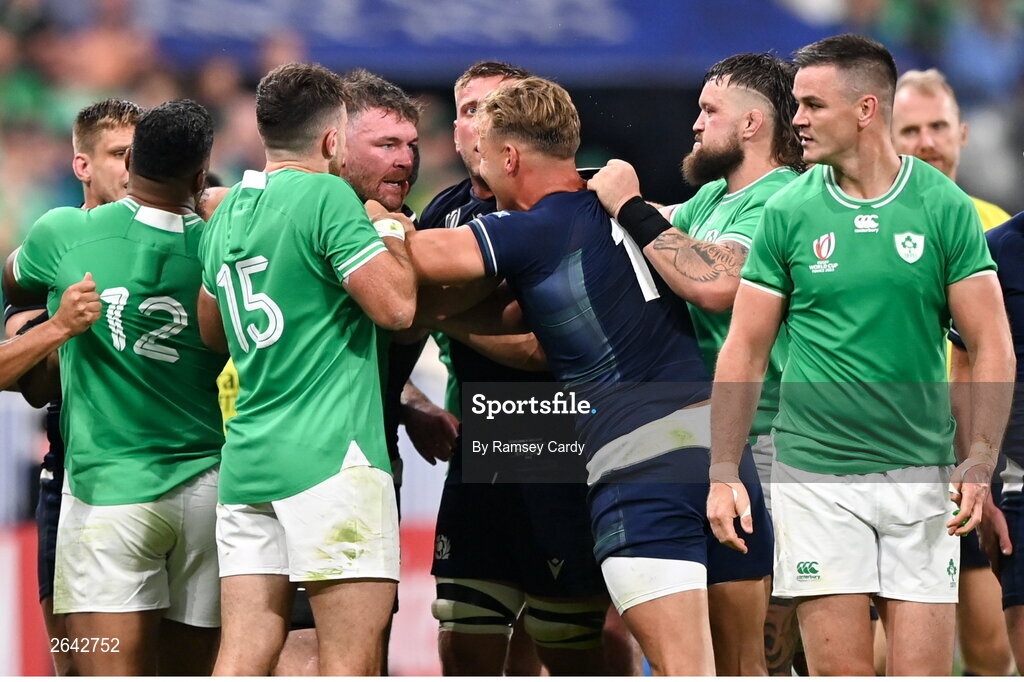 7 October 2023; Peter O’Mahony of Ireland and Duhan van der Merwe of Scotland tussle during the 2023 Rugby World Cup Pool B match between Ireland and Scotland at the Stade de France in Paris, France. Photo by Ramsey Cardy/Sportsfile