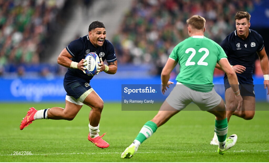 7 October 2023; Sione Tuipolutu of Scotland during the 2023 Rugby World Cup Pool B match between Ireland and Scotland at the Stade de France in Paris, France. Photo by Ramsey Cardy/Sportsfile
