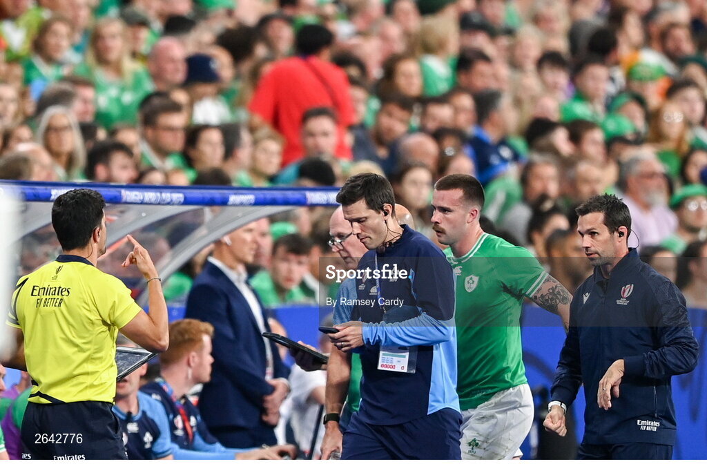7 October 2023; Mack Hansen of Ireland leaves the pitch for a head injury assessment during the 2023 Rugby World Cup Pool B match between Ireland and Scotland at the Stade de France in Paris, France. Photo by Ramsey Cardy/Sportsfile