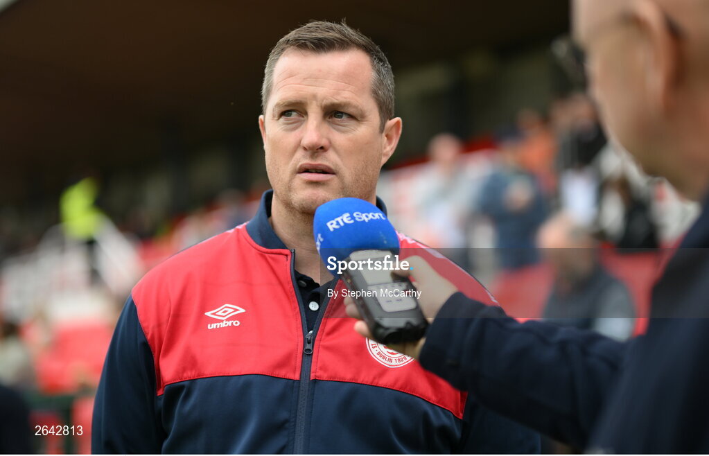 8 October 2023; St Patrick's Athletic manager Jon Daly speaks to RTÉ before the Sports Direct Men’s FAI Cup semi-final match between Cork City and St Patrick's Athletic at Turner’s Cross in Cork. Photo by Stephen McCarthy/Sportsfile