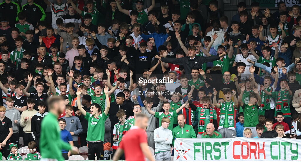 8 October 2023; Cork City supporters before the Sports Direct Men’s FAI Cup semi-final match between Cork City and St Patrick's Athletic at Turner’s Cross in Cork. Photo by Stephen McCarthy/Sportsfile