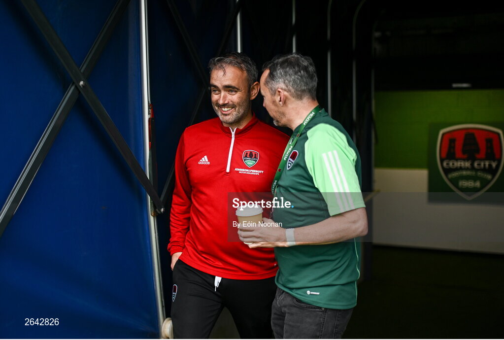 8 October 2023; Cork City manager Richie Holland, left, with Cork City owner Dermot Usher before the Sports Direct Men’s FAI Cup semi-final match between Cork City and St Patrick's Athletic at Turner’s Cross in Cork. Photo by Eóin Noonan/Sportsfile