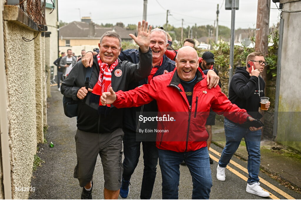 8 October 2023; St Patrick's Athletic supporters before the Sports Direct Men’s FAI Cup semi-final match between Cork City and St Patrick's Athletic at Turner’s Cross in Cork. Photo by Eóin Noonan/Sportsfile