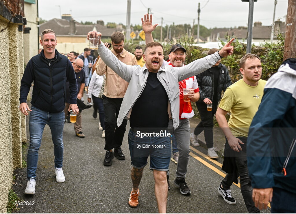 8 October 2023; St Patrick's Athletic supporters including former player and captain Ian Bermingham, left, before the Sports Direct Men’s FAI Cup semi-final match between Cork City and St Patrick's Athletic at Turner’s Cross in Cork. Photo by Eóin Noonan/Sportsfile