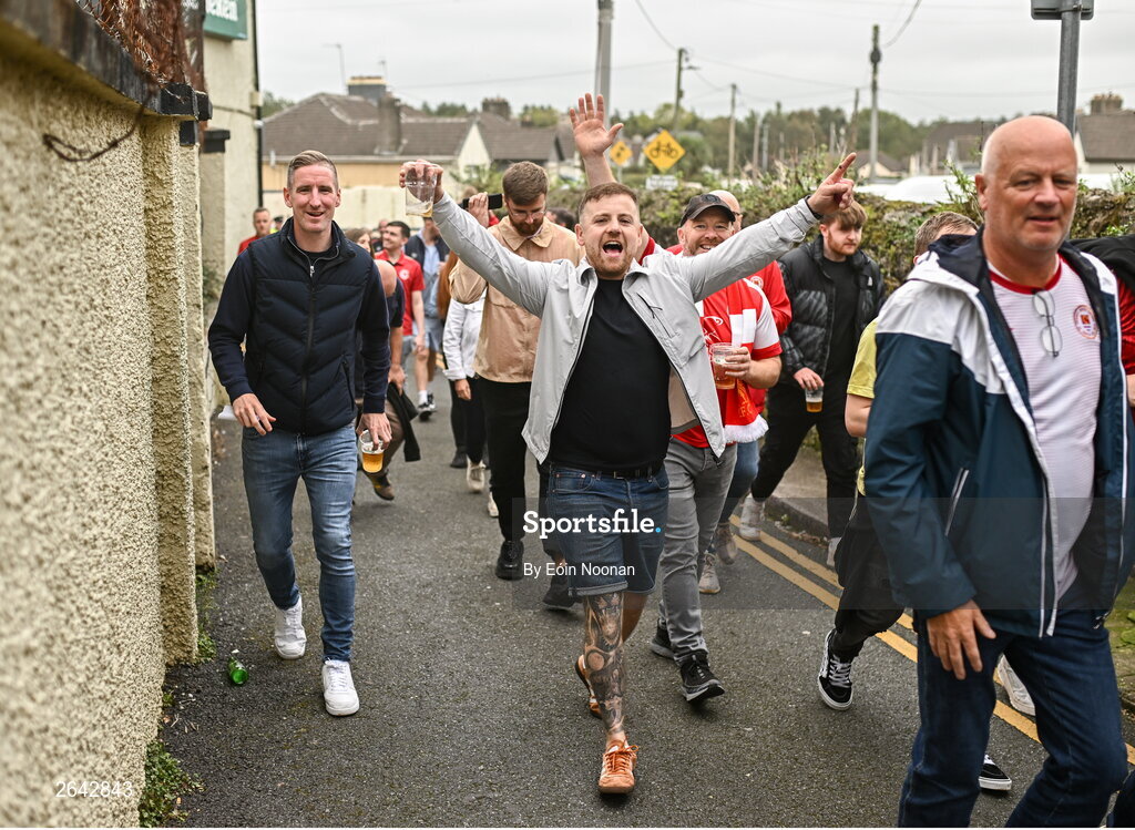 8 October 2023; St Patrick's Athletic supporters including former player and captain Ian Bermingham, left, before the Sports Direct Men’s FAI Cup semi-final match between Cork City and St Patrick's Athletic at Turner’s Cross in Cork. Photo by Eóin Noonan/Sportsfile