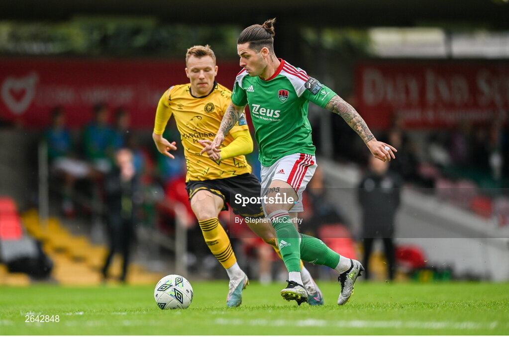 8 October 2023; Ruairi Keating of Cork City in action against Jamie Lennon of St Patrick's Athletic during the Sports Direct Men’s FAI Cup semi-final match between Cork City and St Patrick's Athletic at Turner’s Cross in Cork. Photo by Stephen McCarthy/Sportsfile