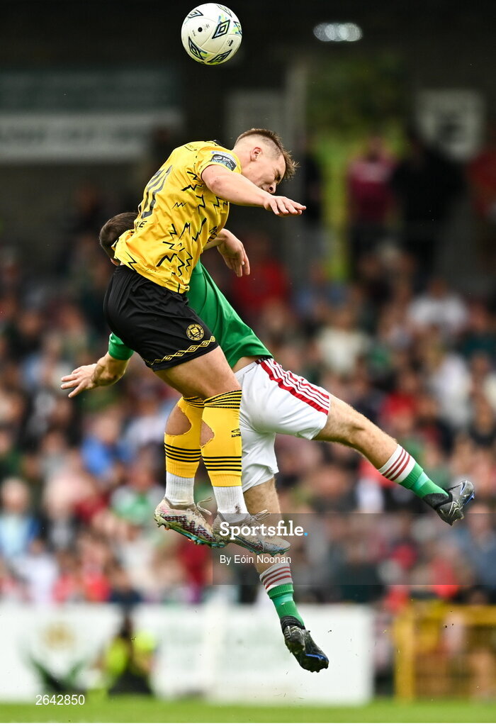 8 October 2023; Tommy Lonergan of St Patrick's Athletic in action against Aaron Bolger of Cork City during the Sports Direct Men’s FAI Cup semi-final match between Cork City and St Patrick's Athletic at Turner’s Cross in Cork. Photo by Eóin Noonan/Sportsfile