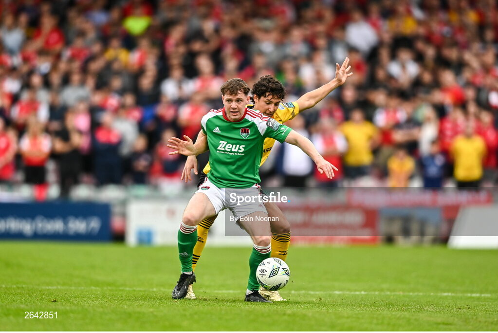8 October 2023; Cian Murphy of Cork City in action against David Norman of St Patrick's Athletic during the Sports Direct Men’s FAI Cup semi-final match between Cork City and St Patrick's Athletic at Turner’s Cross in Cork. Photo by Eóin Noonan/Sportsfile