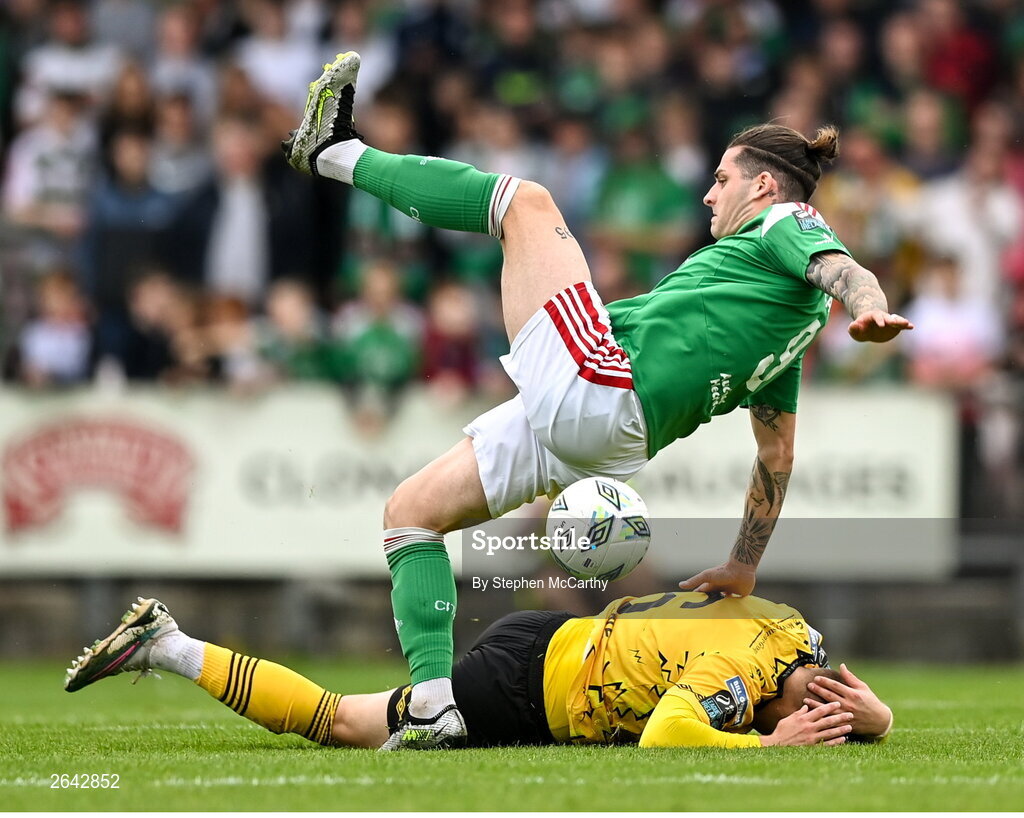 8 October 2023; Ruairi Keating of Cork City in action against Jamie Lennon of St Patrick's Athletic during the Sports Direct Men’s FAI Cup semi-final match between Cork City and St Patrick's Athletic at Turner’s Cross in Cork. Photo by Stephen McCarthy/Sportsfile