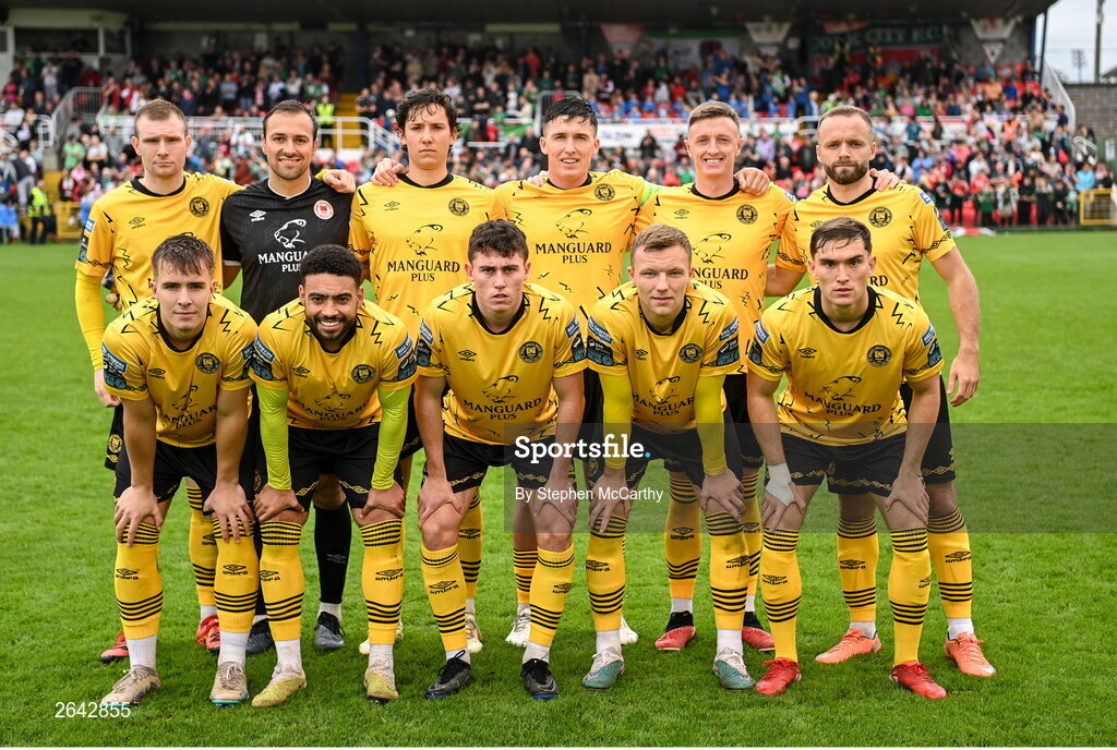 8 October 2023; The St Patrick's Athletic team, back row, from left, Mark Doyle, Dean Lyness, David Norman, Joe Redmond, Chris Forrester and Ryan McLoughlin, with, front row, Tommy Lonergan, Jake Mulraney, Kian Leavy, Jamie Lennon and Anto Breslin before the Sports Direct Men’s FAI Cup semi-final match between Cork City and St Patrick's Athletic at Turner’s Cross in Cork. Photo by Stephen McCarthy/Sportsfile