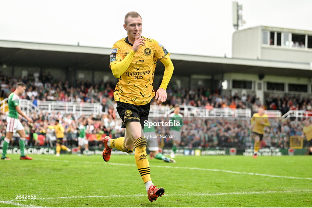 8 October 2023; Mark Doyle of St Patrick's Athletic celebrates after scoring his side's first goal during the Sports Direct Men’s FAI Cup semi-final match between Cork City and St Patrick's Athletic at Turner’s Cross in Cork. Photo by Eóin Noonan/Sportsfile
