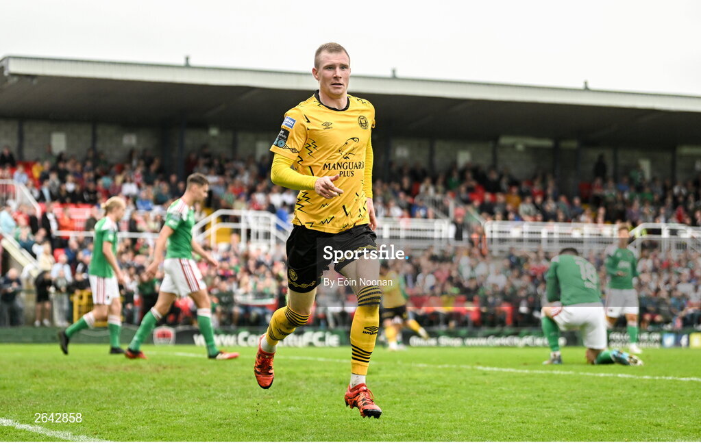 8 October 2023; Mark Doyle of St Patrick's Athletic celebrates after scoring his side's first goal during the Sports Direct Men’s FAI Cup semi-final match between Cork City and St Patrick's Athletic at Turner’s Cross in Cork. Photo by Eóin Noonan/Sportsfile