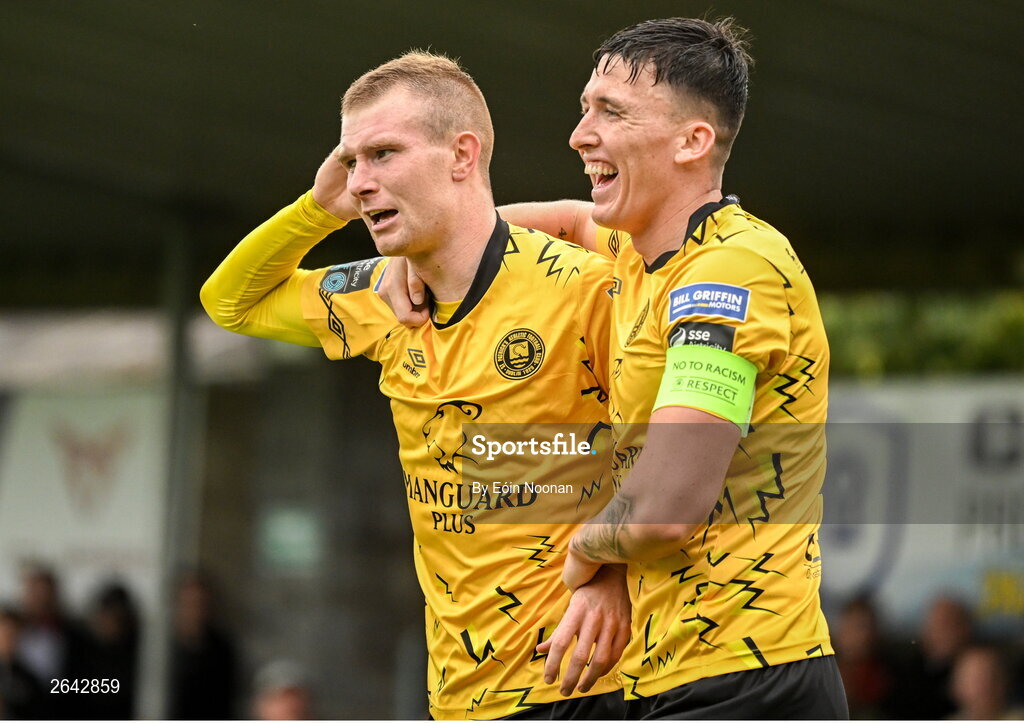 8 October 2023; Mark Doyle of St Patrick's Athletic celebrates with team-mate Joe Redmond after scoring his side's first goal during the Sports Direct Men’s FAI Cup semi-final match between Cork City and St Patrick's Athletic at Turner’s Cross in Cork. Photo by Eóin Noonan/Sportsfile
