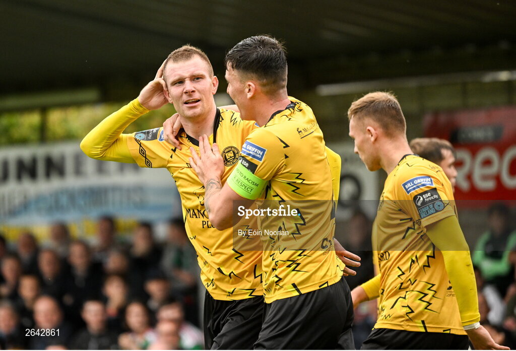 8 October 2023; Mark Doyle of St Patrick's Athletic celebrates with team-mate Joe Redmond after scoring his side's first goal during the Sports Direct Men’s FAI Cup semi-final match between Cork City and St Patrick's Athletic at Turner’s Cross in Cork. Photo by Eóin Noonan/Sportsfile