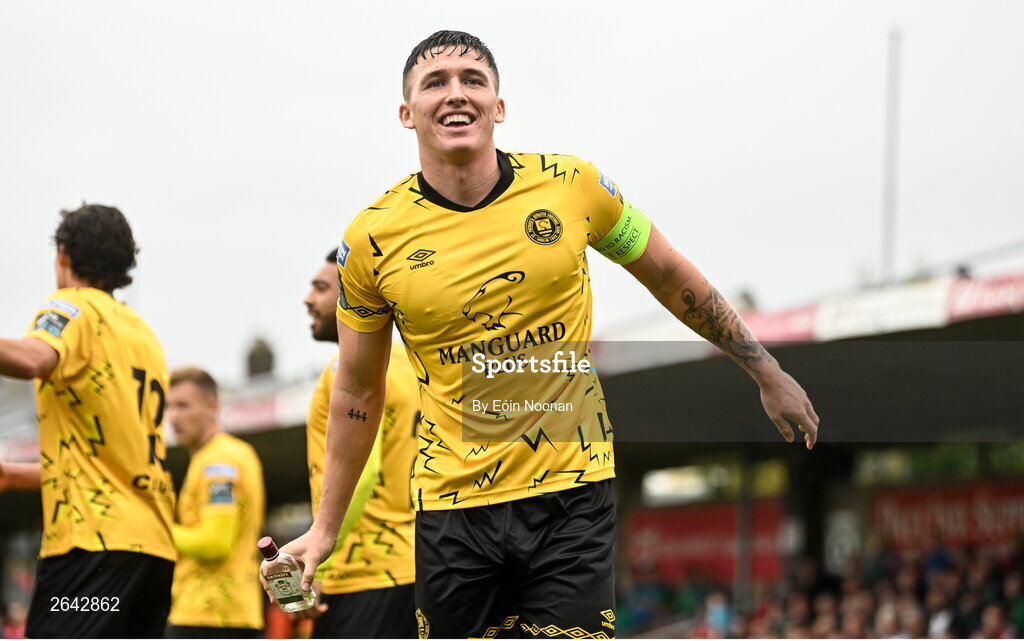 8 October 2023; Joe Redmond of St Patrick's Athletic throws a bottle off the pitch during the Sports Direct Men’s FAI Cup semi-final match between Cork City and St Patrick's Athletic at Turner’s Cross in Cork. Photo by Eóin Noonan/Sportsfile