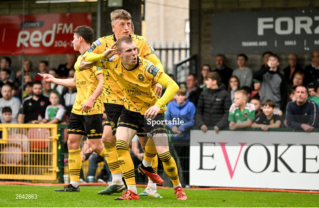 8 October 2023; Mark Doyle of St Patrick's Athletic reacts after being struck by a missile thrown by the crowd while celebrating scoring his side's first goal during the Sports Direct Men’s FAI Cup semi-final match between Cork City and St Patrick's Athletic at Turner’s Cross in Cork. Photo by Eóin Noonan/Sportsfile