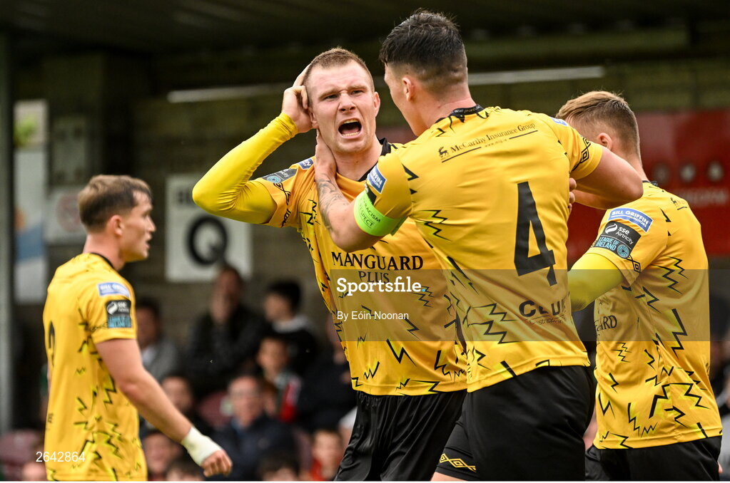 8 October 2023; Mark Doyle of St Patrick's Athletic celebrates with team-mate Joe Redmond after scoring his side's first goal during the Sports Direct Men’s FAI Cup semi-final match between Cork City and St Patrick's Athletic at Turner’s Cross in Cork. Photo by Eóin Noonan/Sportsfile