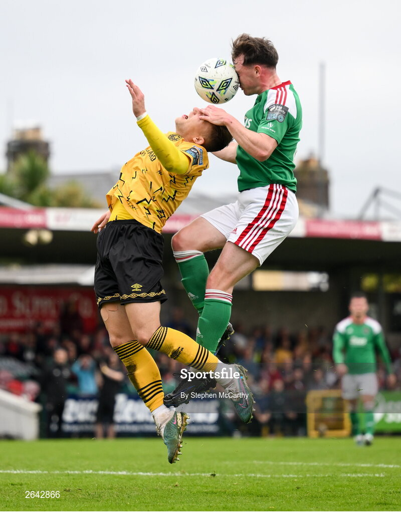 8 October 2023; Cian Murphy of Cork City in action against Jamie Lennon of St Patrick's Athletic during the Sports Direct Men’s FAI Cup semi-final match between Cork City and St Patrick's Athletic at Turner’s Cross in Cork. Photo by Stephen McCarthy/Sportsfile