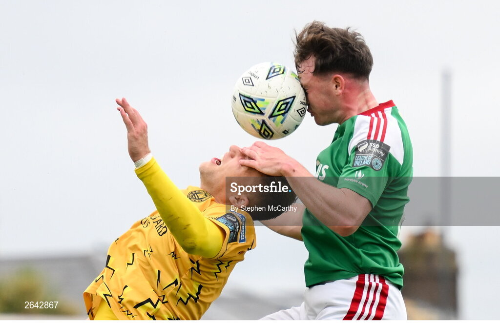 8 October 2023; Cian Murphy of Cork City in action against Jamie Lennon of St Patrick's Athletic during the Sports Direct Men’s FAI Cup semi-final match between Cork City and St Patrick's Athletic at Turner’s Cross in Cork. Photo by Stephen McCarthy/Sportsfile