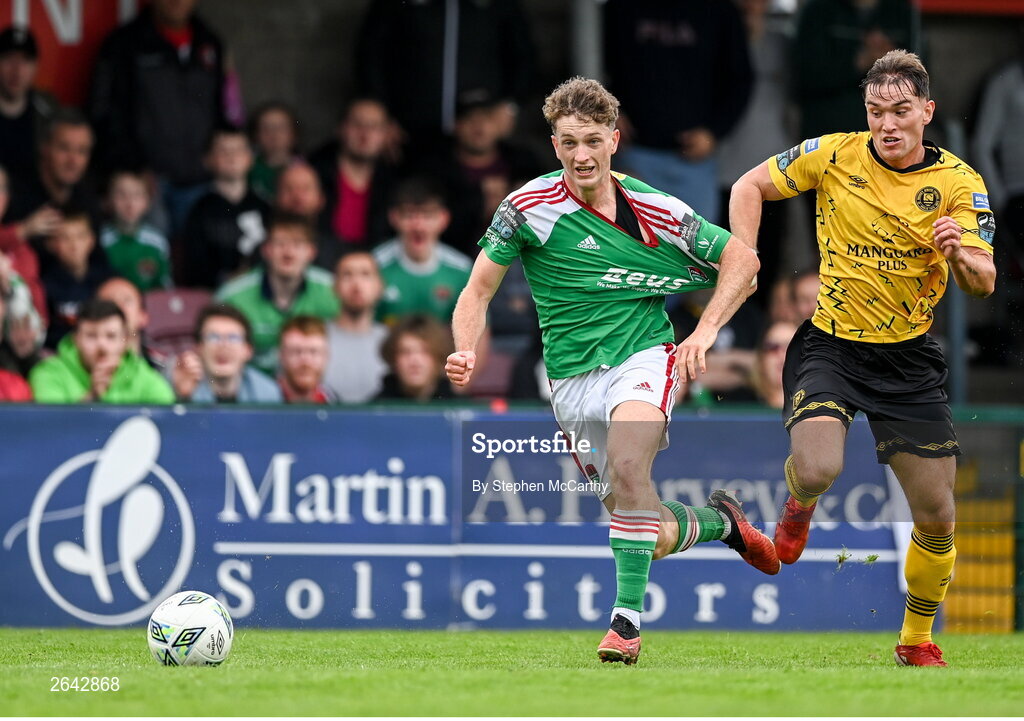 8 October 2023; Cian Bargary of Cork City is tackled by Anto Breslin of St Patrick's Athletic during the Sports Direct Men’s FAI Cup semi-final match between Cork City and St Patrick's Athletic at Turner’s Cross in Cork. Photo by Stephen McCarthy/Sportsfile