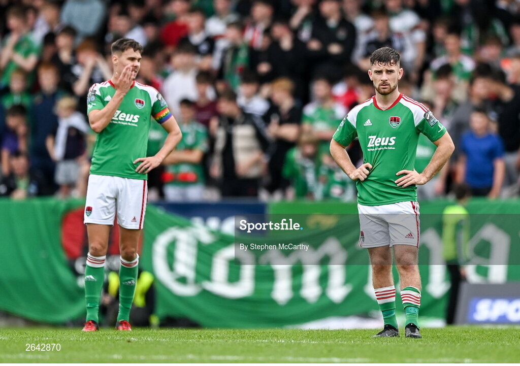 8 October 2023; Aaron Bolger, right, and Cian Coleman of Cork City after St Patrick's Athletic scored a first goal during the Sports Direct Men’s FAI Cup semi-final match between Cork City and St Patrick's Athletic at Turner’s Cross in Cork. Photo by Stephen McCarthy/Sportsfile