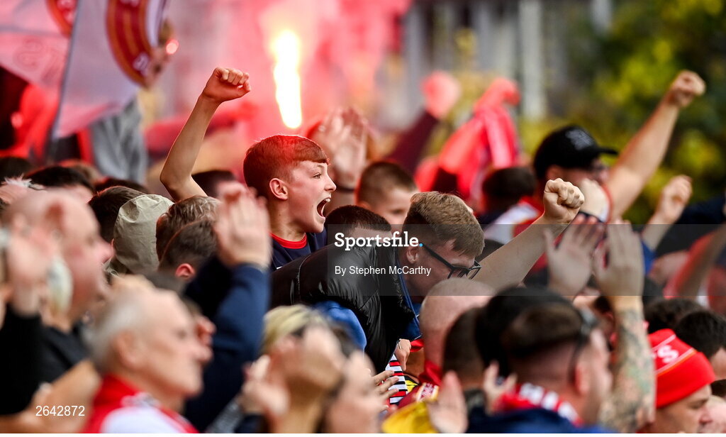 8 October 2023; St Patrick's Athletic supporters celebrate their first goal during the Sports Direct Men’s FAI Cup semi-final match between Cork City and St Patrick's Athletic at Turner’s Cross in Cork. Photo by Stephen McCarthy/Sportsfile
