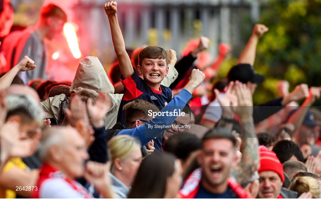 8 October 2023; St Patrick's Athletic supporters celebrate their first goal during the Sports Direct Men’s FAI Cup semi-final match between Cork City and St Patrick's Athletic at Turner’s Cross in Cork. Photo by Stephen McCarthy/Sportsfile