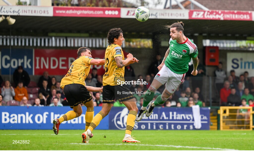8 October 2023; Ruairi Keating of Cork City has a header on goal during the Sports Direct Men’s FAI Cup semi-final match between Cork City and St Patrick's Athletic at Turner’s Cross in Cork. Photo by Stephen McCarthy/Sportsfile