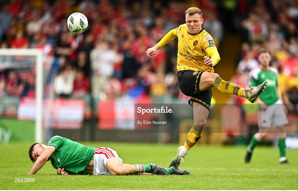 8 October 2023; Jamie Lennon of St Patrick's Athletic in action against Aaron Bolger of Cork City during the Sports Direct Men’s FAI Cup semi-final match between Cork City and St Patrick's Athletic at Turner’s Cross in Cork. Photo by Eóin Noonan/Sportsfile