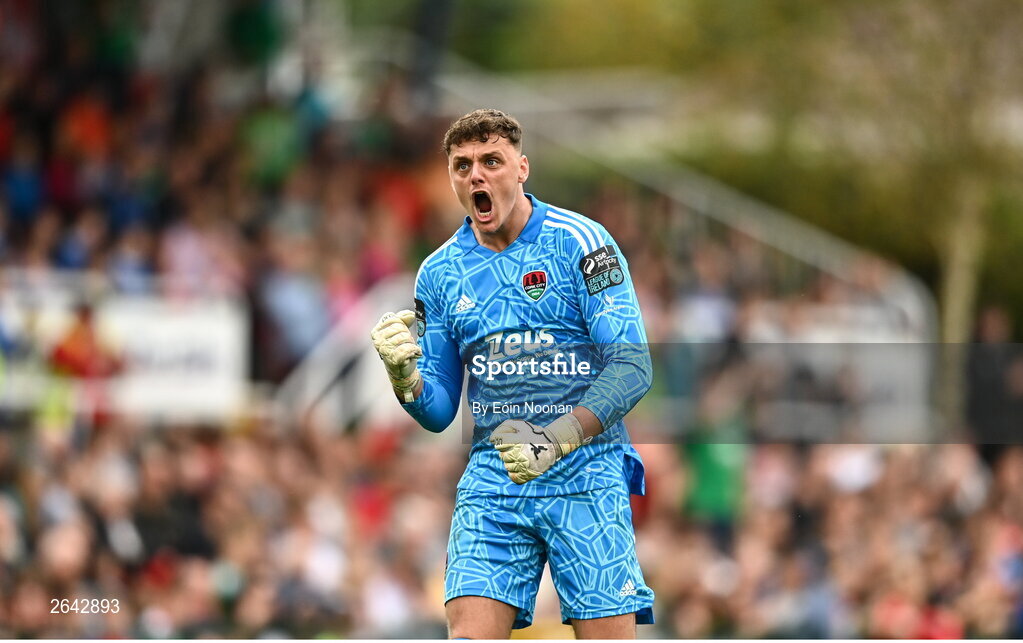 8 October 2023; Cork City goalkeeper Ollie Byrne reacts during the Sports Direct Men’s FAI Cup semi-final match between Cork City and St Patrick's Athletic at Turner’s Cross in Cork. Photo by Eóin Noonan/Sportsfile