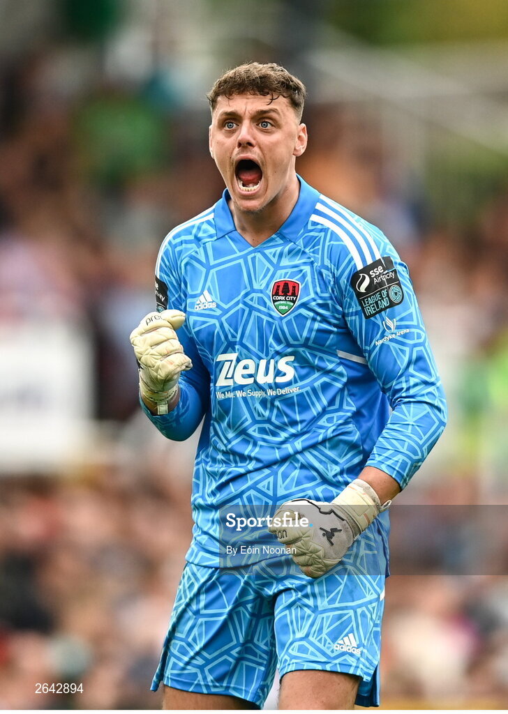 8 October 2023; Cork City goalkeeper Ollie Byrne reacts during the Sports Direct Men’s FAI Cup semi-final match between Cork City and St Patrick's Athletic at Turner’s Cross in Cork. Photo by Eóin Noonan/Sportsfile