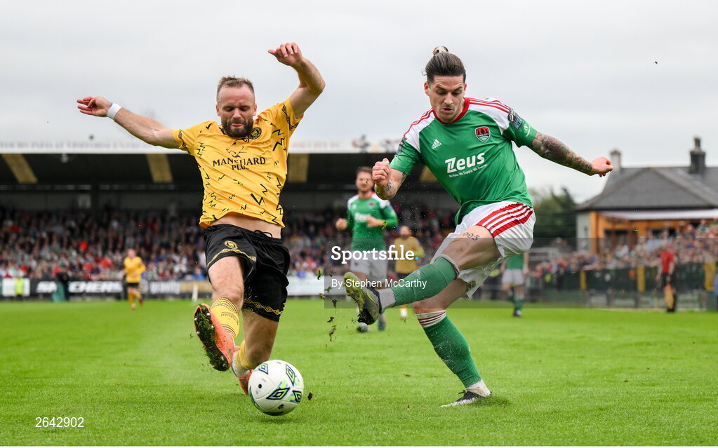 8 October 2023; Ruairi Keating of Cork City has his shot blocked by Ryan McLoughlin of St Patrick's Athletic during the Sports Direct Men’s FAI Cup semi-final match between Cork City and St Patrick's Athletic at Turner’s Cross in Cork. Photo by Stephen McCarthy/Sportsfile