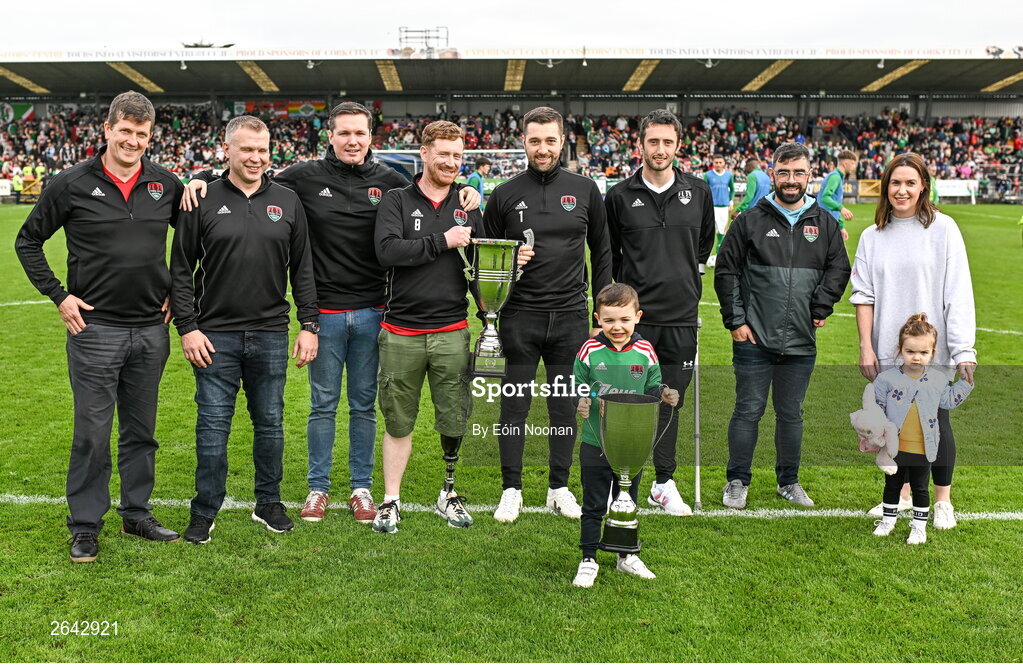 8 October 2023; Cork City amputee team are introduced to the crowds at half time during the Sports Direct Men’s FAI Cup semi-final match between Cork City and St Patrick's Athletic at Turner’s Cross in Cork. Photo by Eóin Noonan/Sportsfile