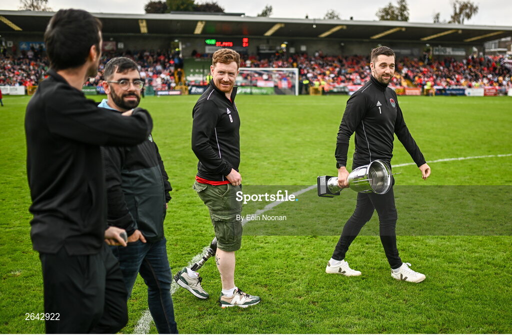 8 October 2023; Cork City amputee team are introduced to the crowds at half time during the Sports Direct Men’s FAI Cup semi-final match between Cork City and St Patrick's Athletic at Turner’s Cross in Cork. Photo by Eóin Noonan/Sportsfile