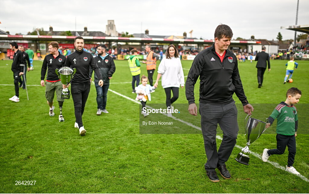 8 October 2023; Cork City amputee team are introduced to the crowds at half time during the Sports Direct Men’s FAI Cup semi-final match between Cork City and St Patrick's Athletic at Turner’s Cross in Cork. Photo by Eóin Noonan/Sportsfile