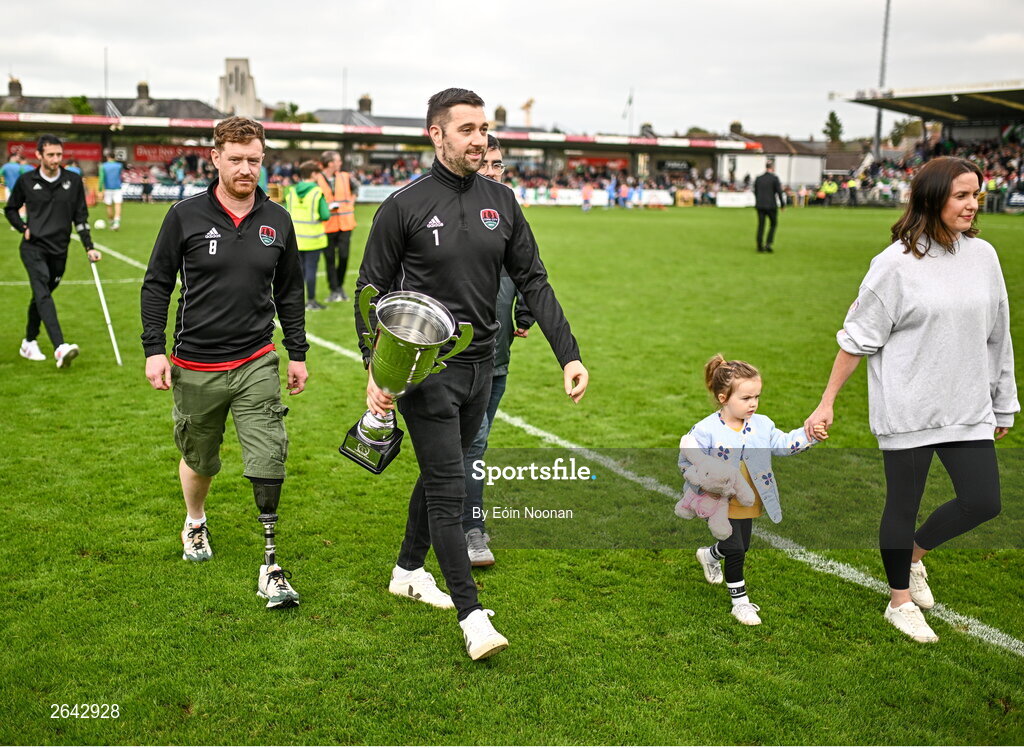 8 October 2023; Cork City amputee team are introduced to the crowds at half time during the Sports Direct Men’s FAI Cup semi-final match between Cork City and St Patrick's Athletic at Turner’s Cross in Cork. Photo by Eóin Noonan/Sportsfile