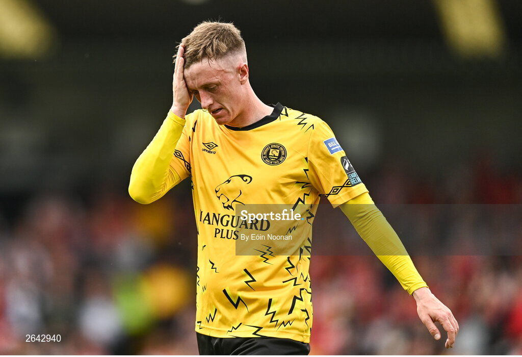 8 October 2023; Chris Forrester of St Patrick's Athletic reacts during the Sports Direct Men’s FAI Cup semi-final match between Cork City and St Patrick's Athletic at Turner’s Cross in Cork. Photo by Eóin Noonan/Sportsfile